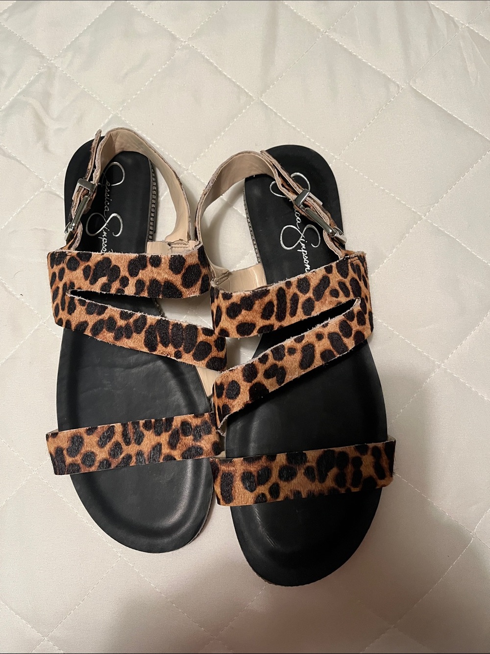Jessica Simpson Leopard Print Strappy Sandals with Black Footbed